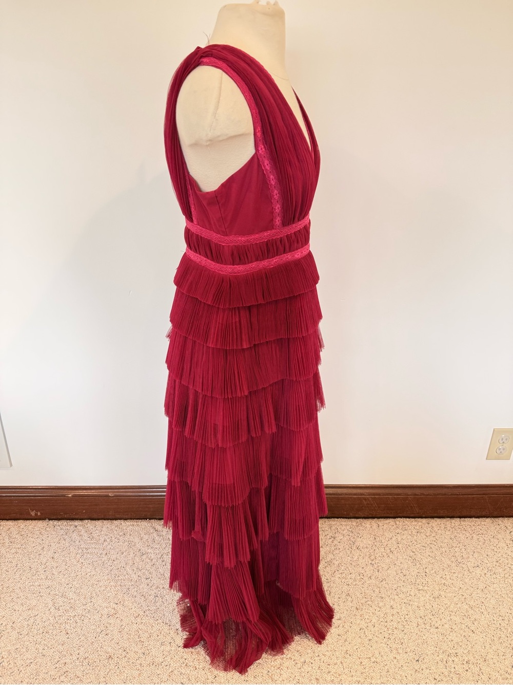 NWT Hutch Charley Deep-V Pleated Raspberry Tiered Tulle Maxi Dress Size 6P - Picture 4 of 13
